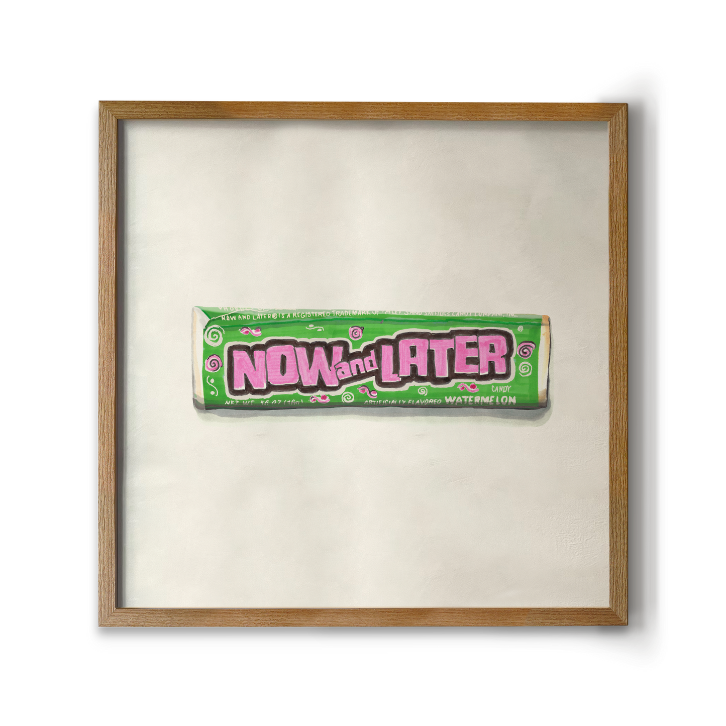Framed artwork of a 90s taffy candy package with the brand name 'Now and Later' on it.
