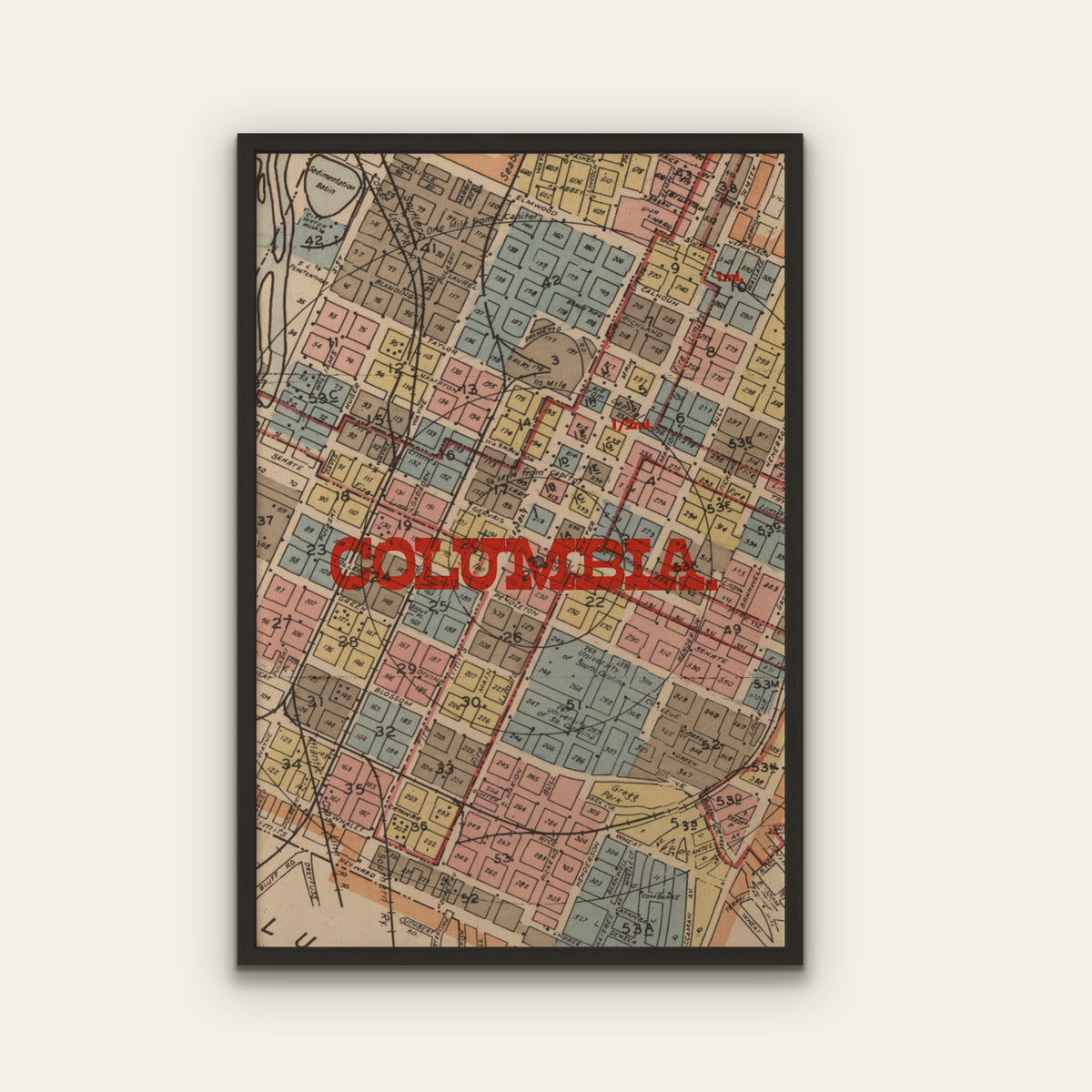 Framed vintage-style map of Columbia with colorful blocks and a black frame.