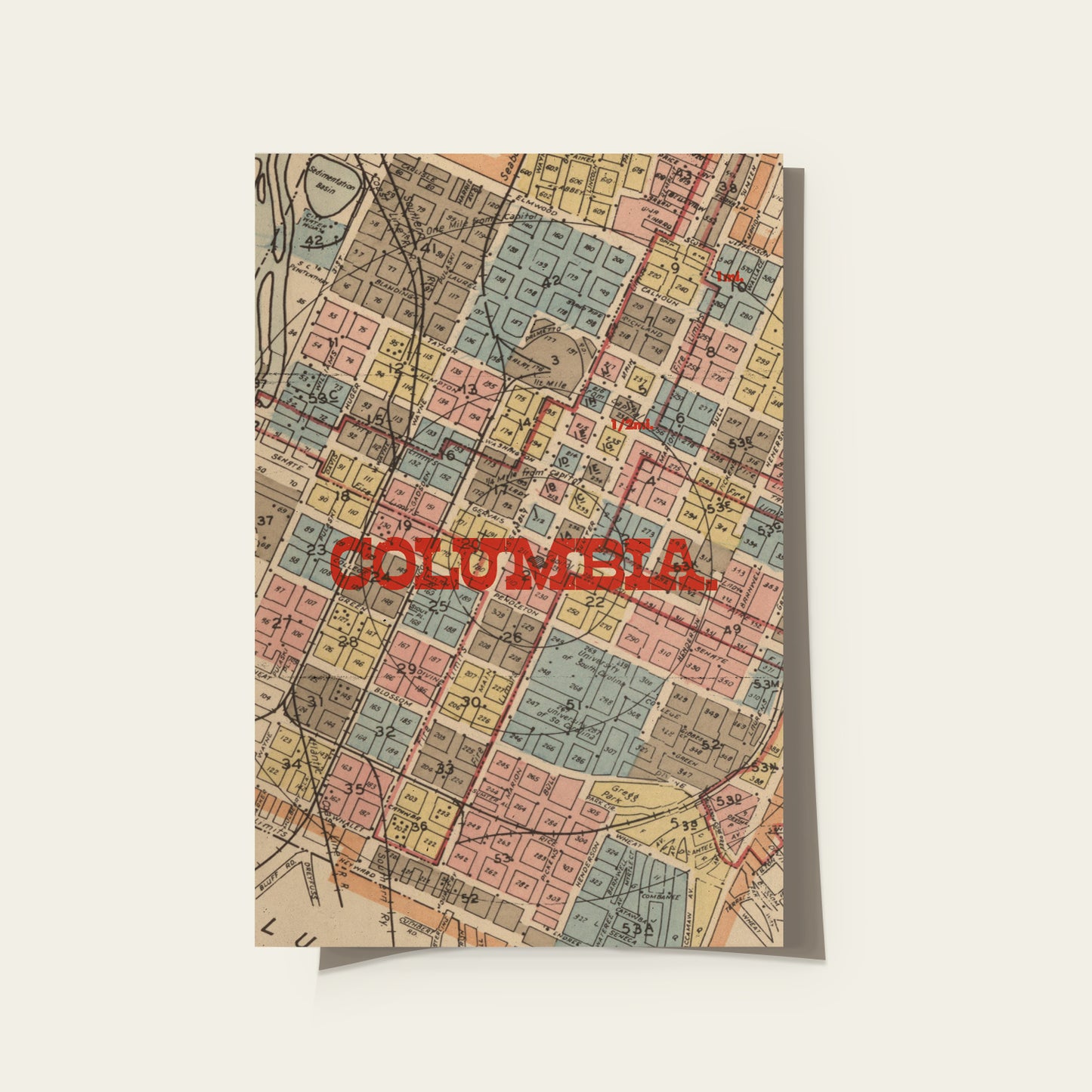 Unframed vintage map design of 'Columbia.'