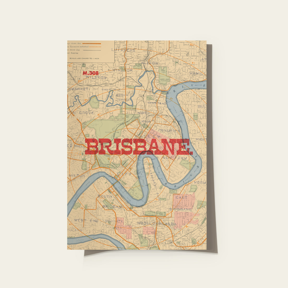 A vintage-style map poster of Brisbane, Australia, featuring a beige background with a winding blue river, orange road lines, and the word 'BRISBANE' in large red letters across the center. The poster is shown standing upright against a light beige background with a soft shadow.