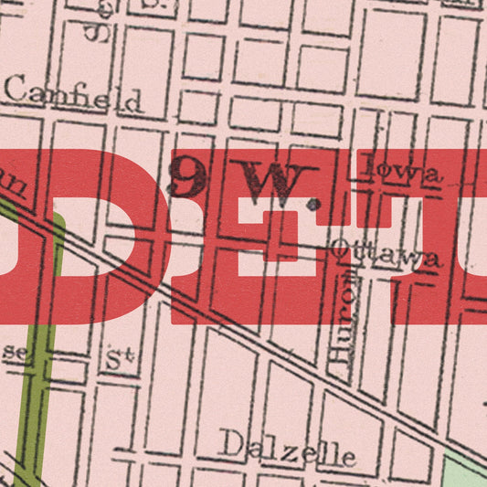 Close-up of a vintage street map with text and red overlay