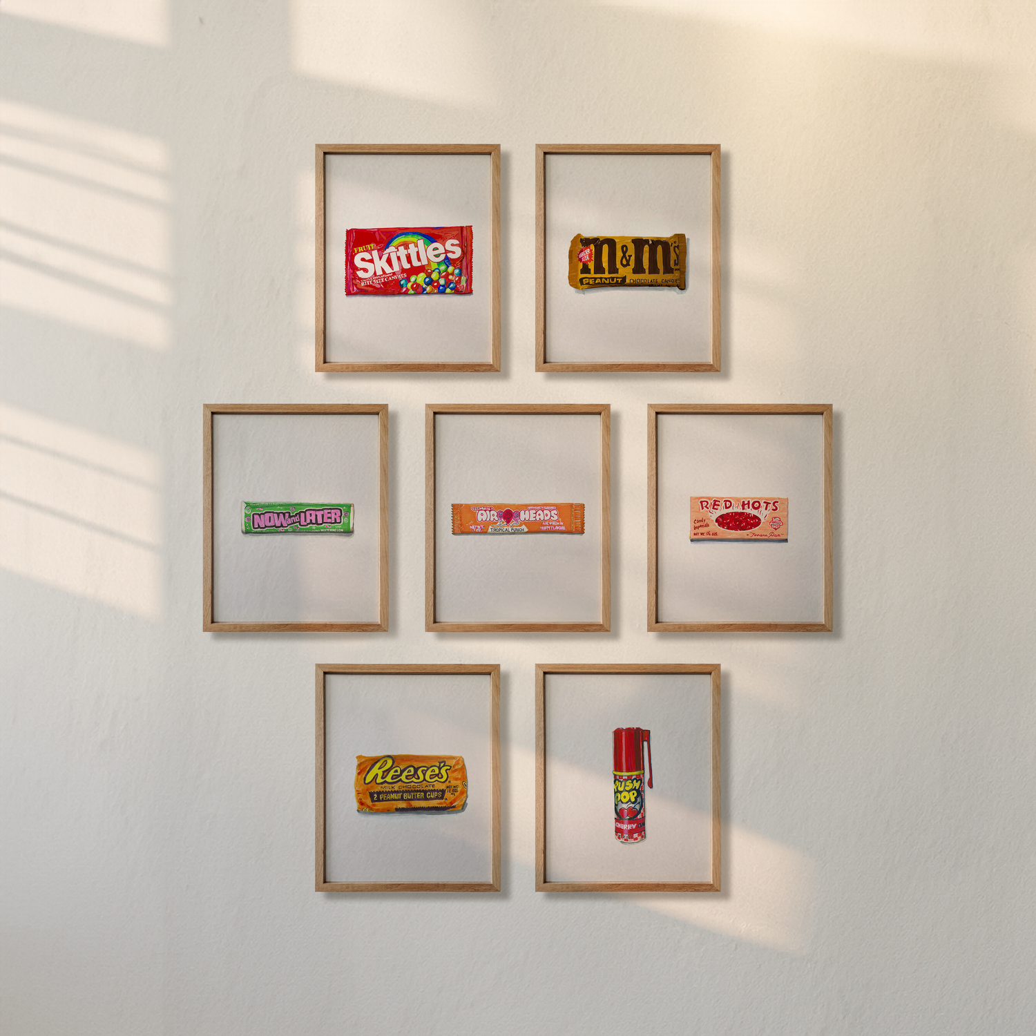7 candy prints on a sunlit wall