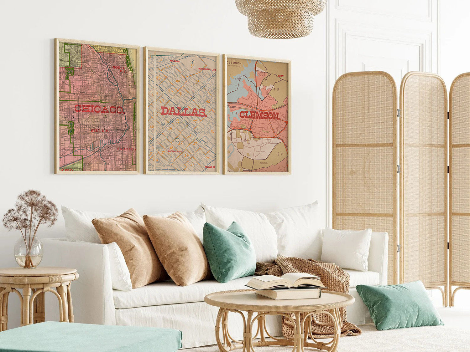 3 vintage-inspired maps in a boho living room