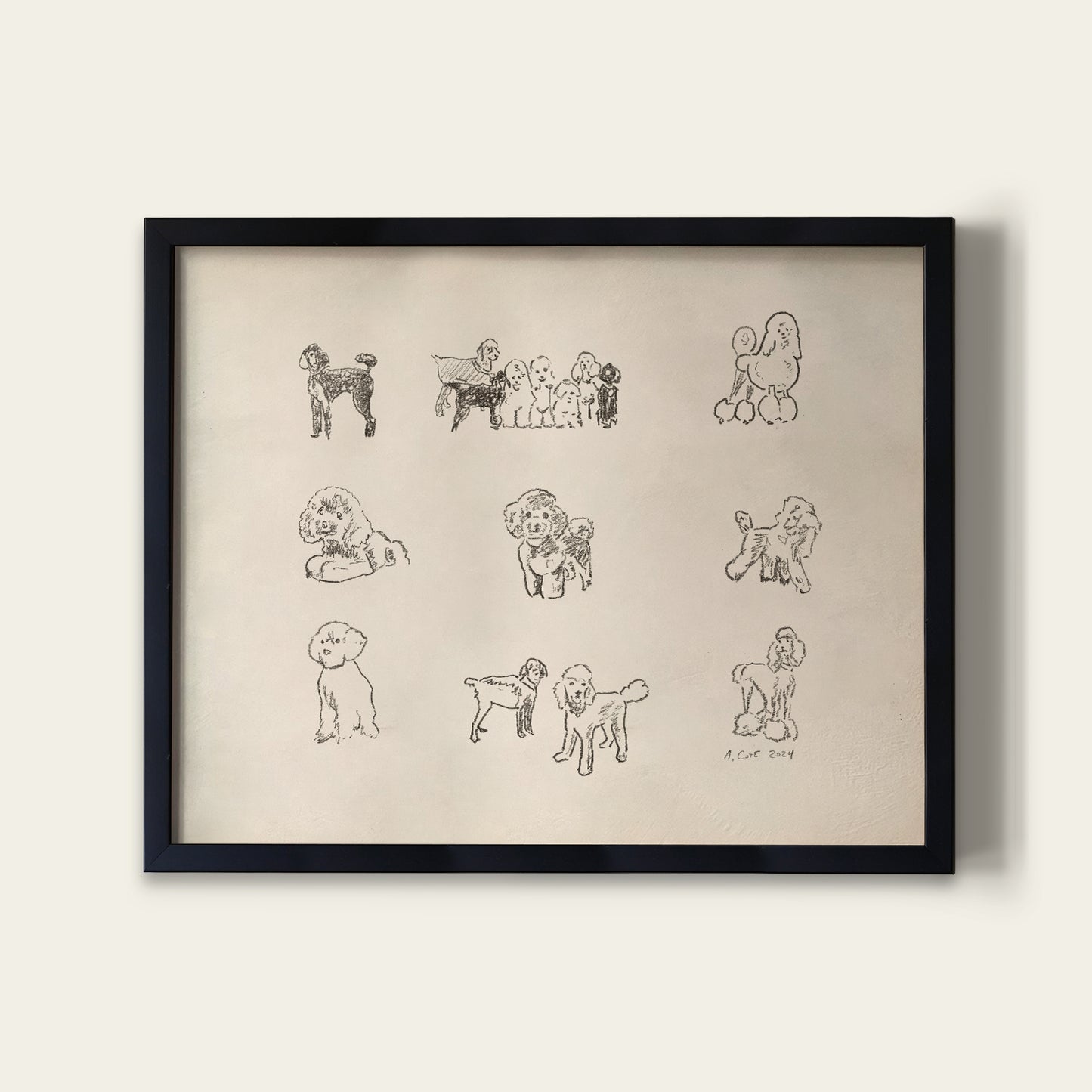Framed artwork with illustrations of dogs on a beige background