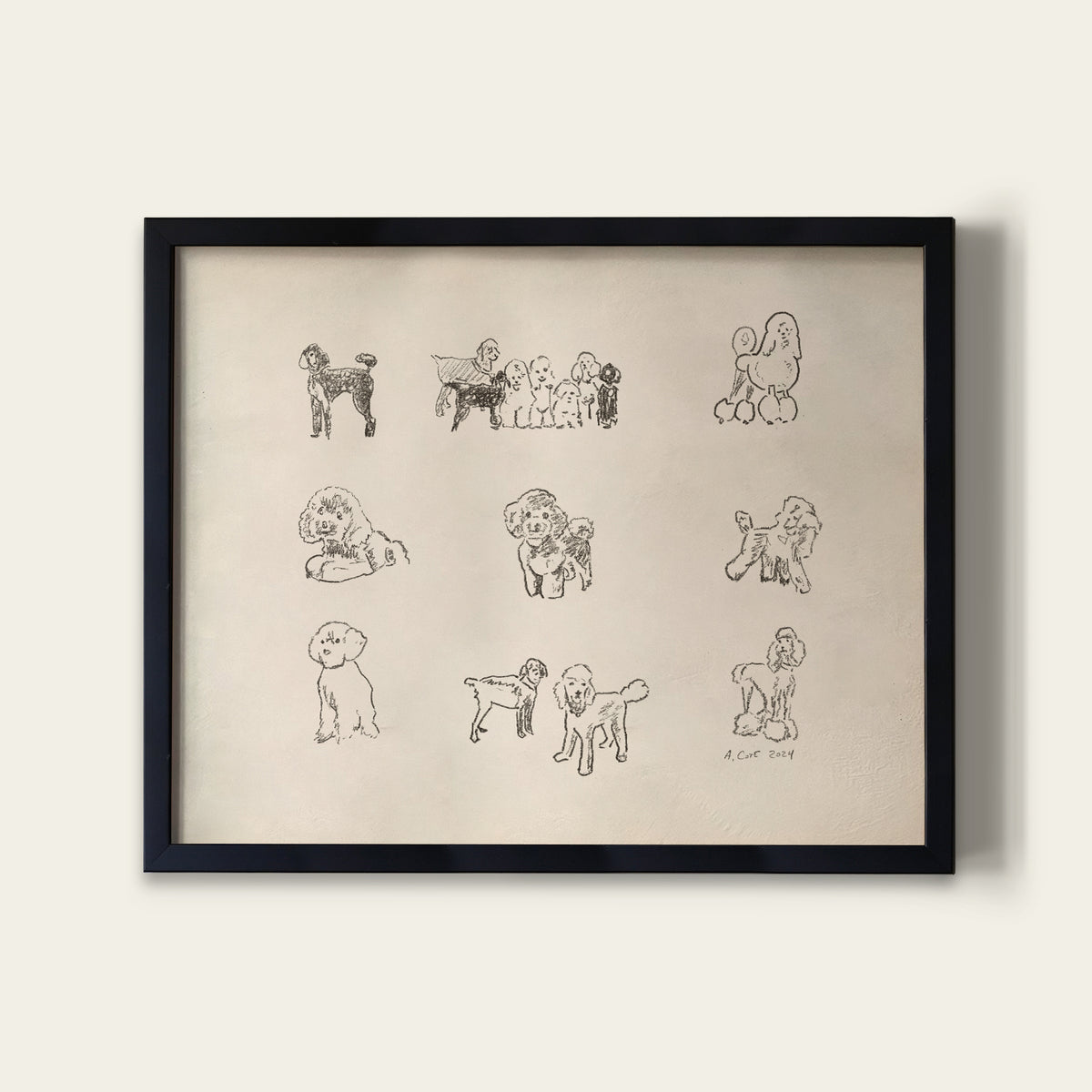 Framed artwork with illustrations of dogs on a beige background