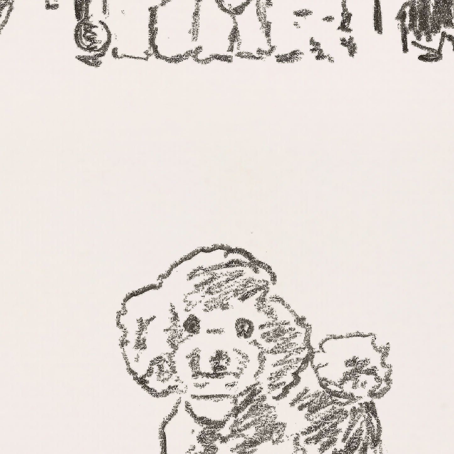 Detailed black line drawing of a dog on a textured beige background