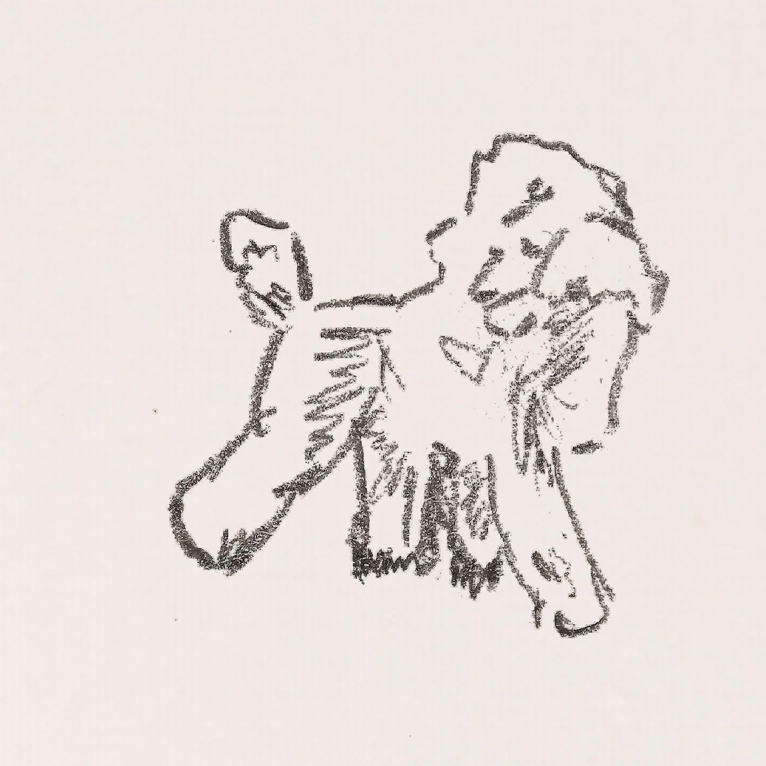 Simple black line drawing of a dog on a light beige background