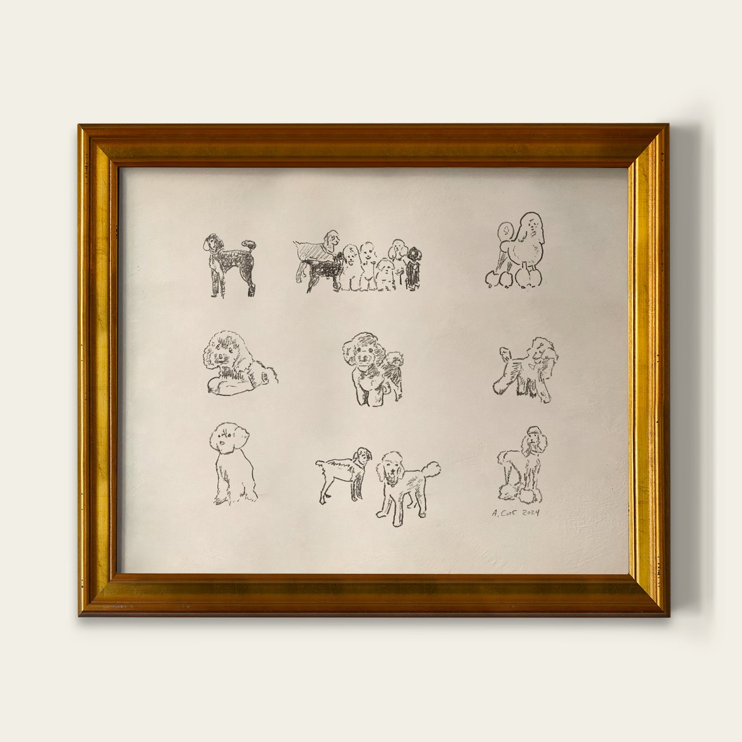 Framed artwork with illustrations of dogs on a beige background