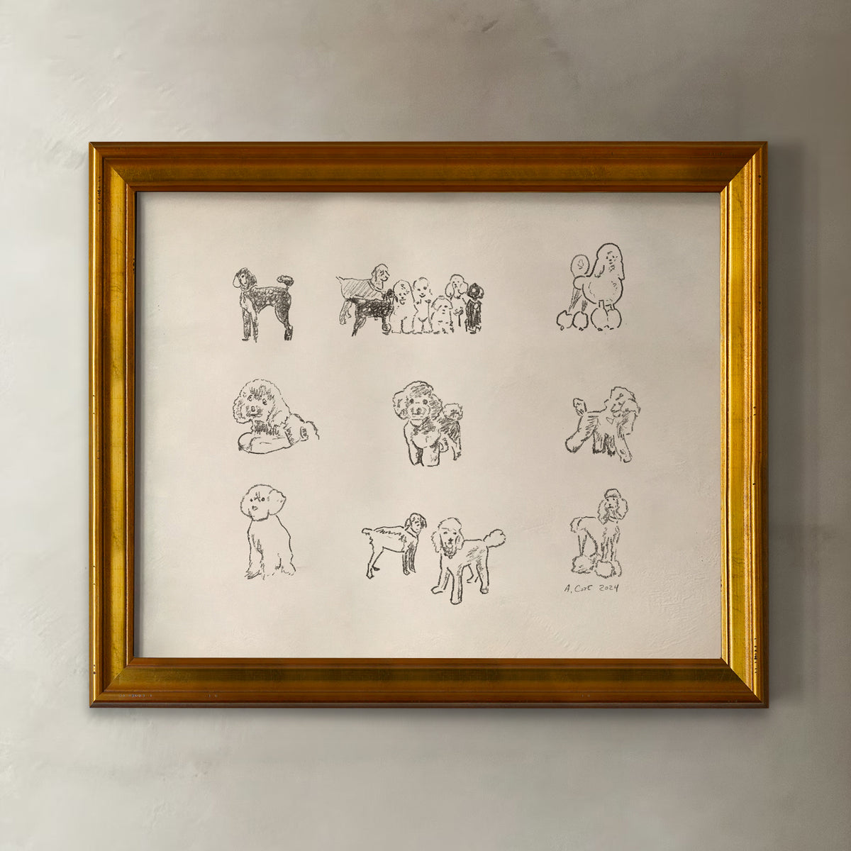 Framed artwork of black line drawings of dogs on a beige background