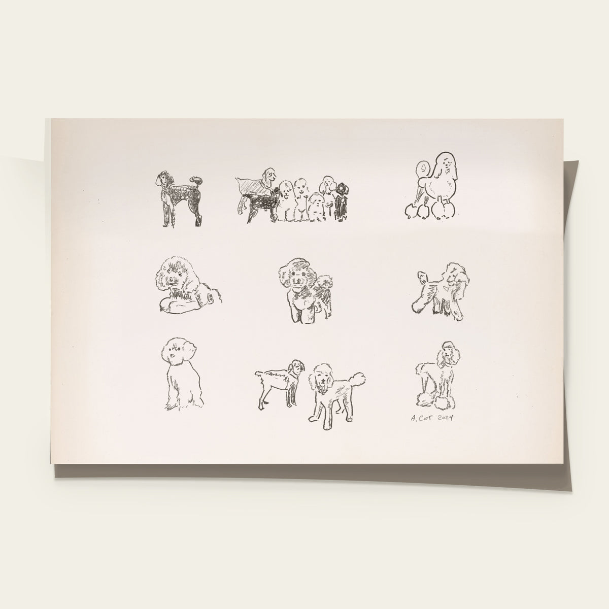 Sheet of black line drawings of dogs on a light background