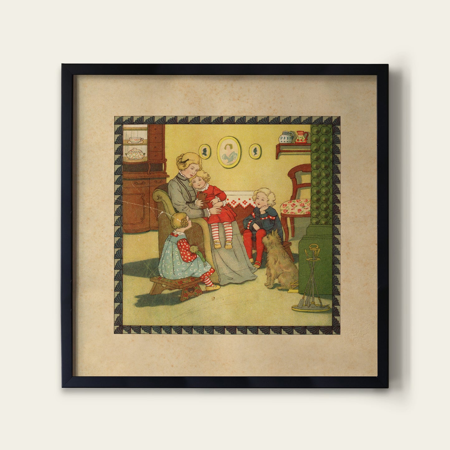 Framed vintage-style illustration of a family with a dog in a living room.