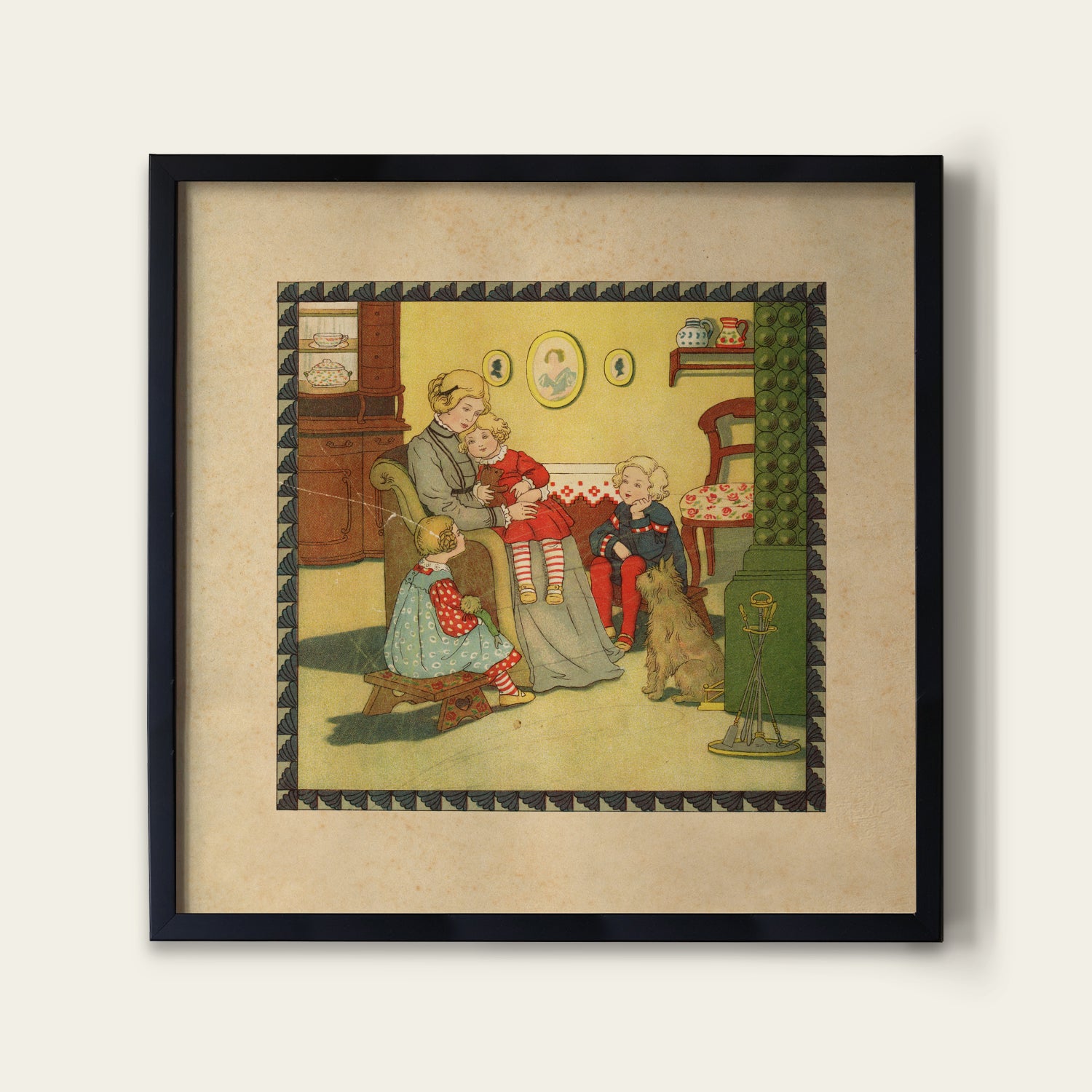 Framed vintage-style illustration of a family with a dog in a living room.