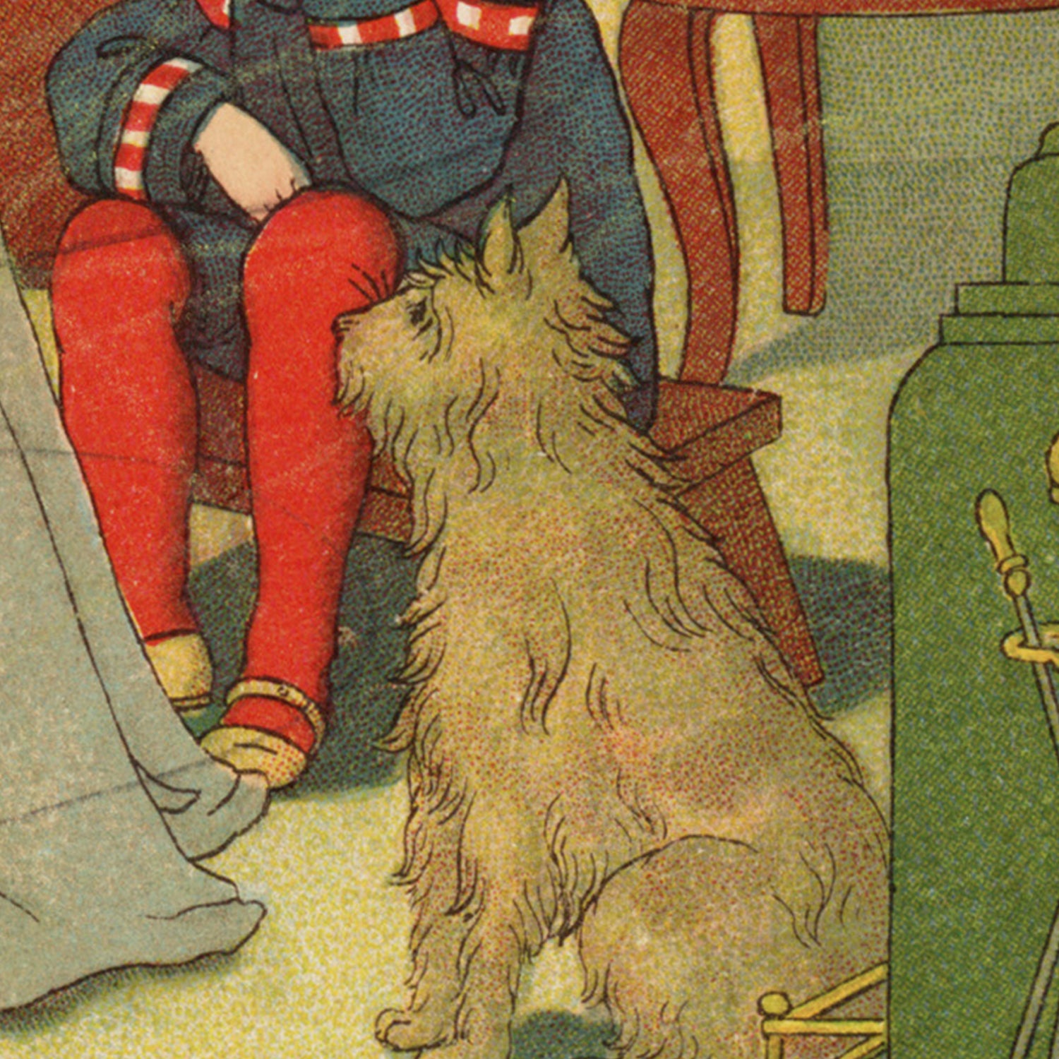 Illustration of a child in red pants sitting with a dog, next to a green stove.
