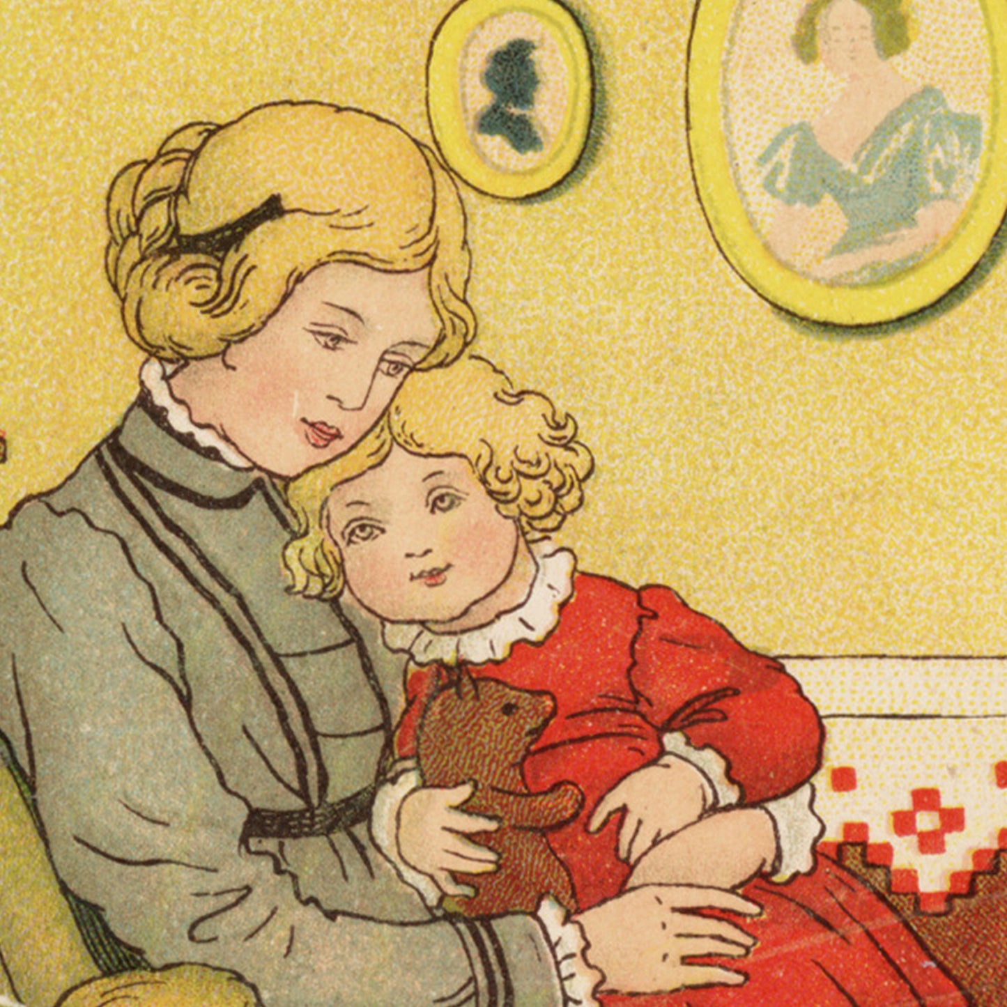 Vintage-style illustration of a woman and child with a teddy bear in a room with framed pictures on the wall.