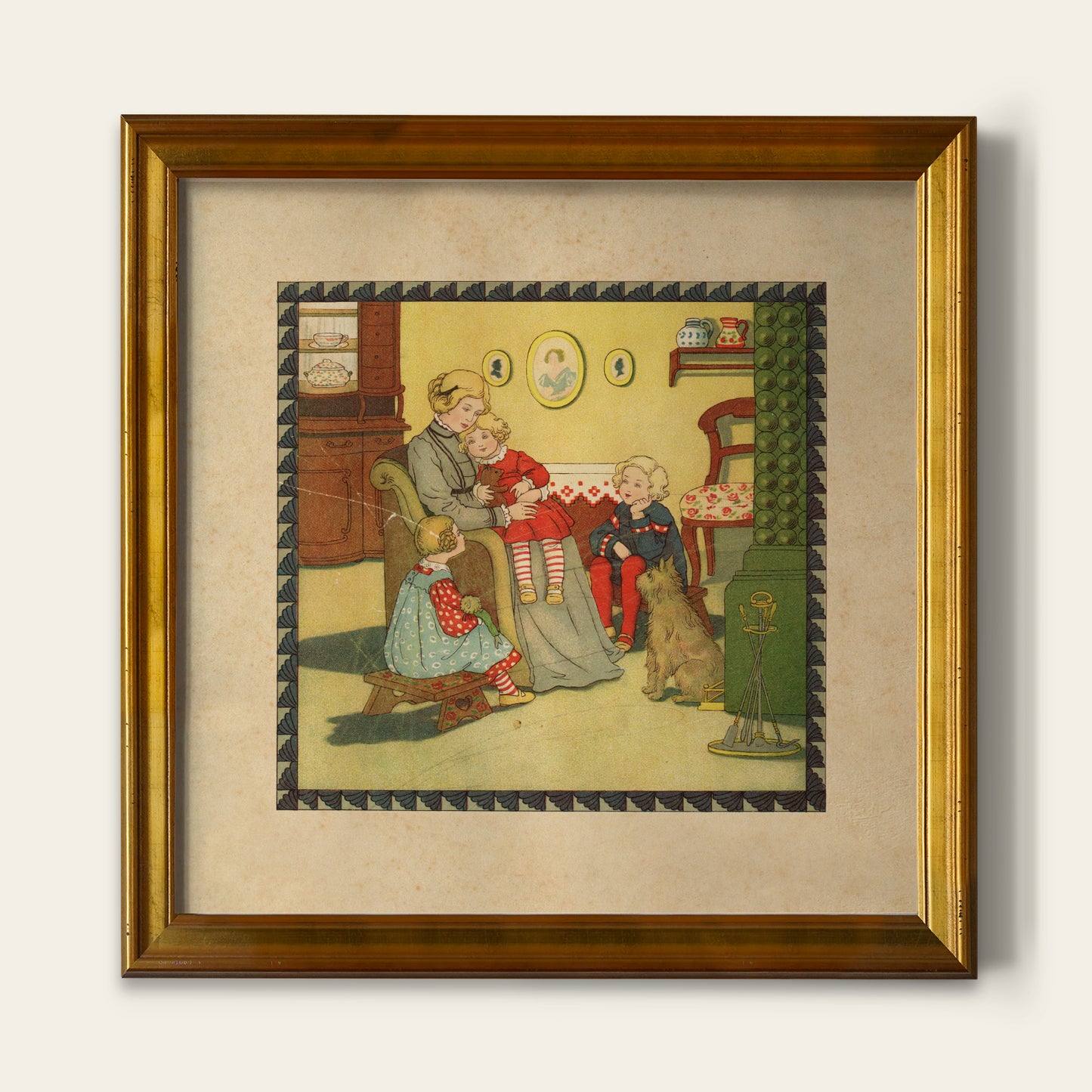 Framed vintage illustration of a family with a dog in a living room setting.