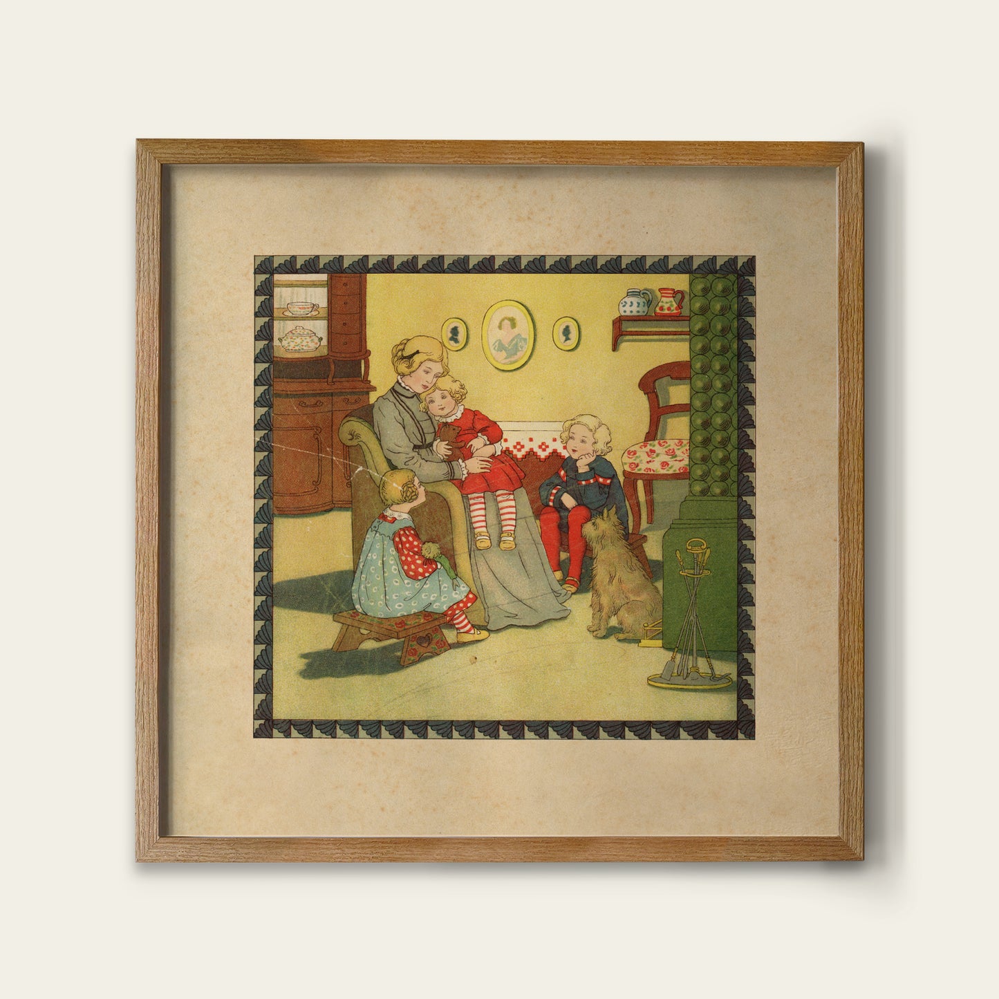 Framed vintage illustration of a family with children and a dog in a living room.
