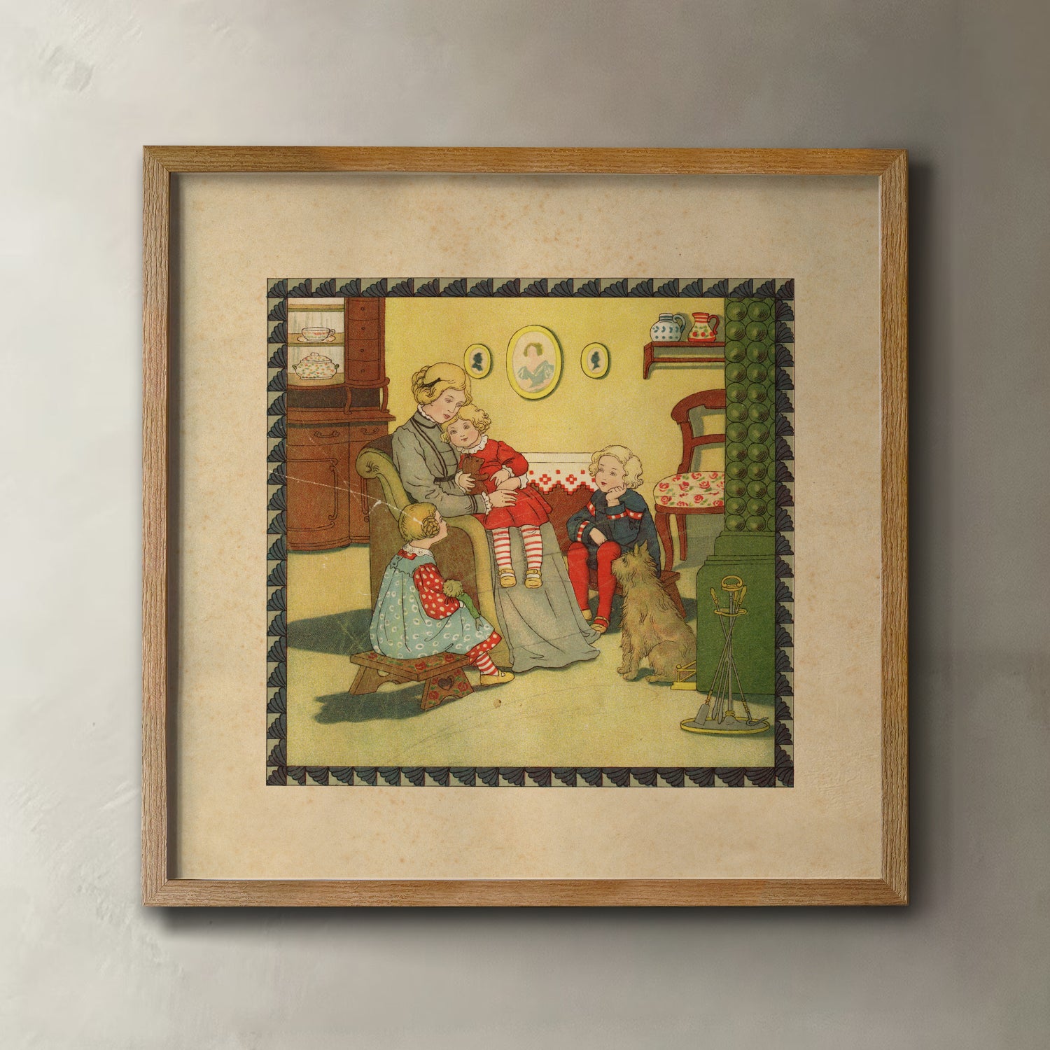 Framed vintage illustration of a family scene with children and a dog on a wall.
