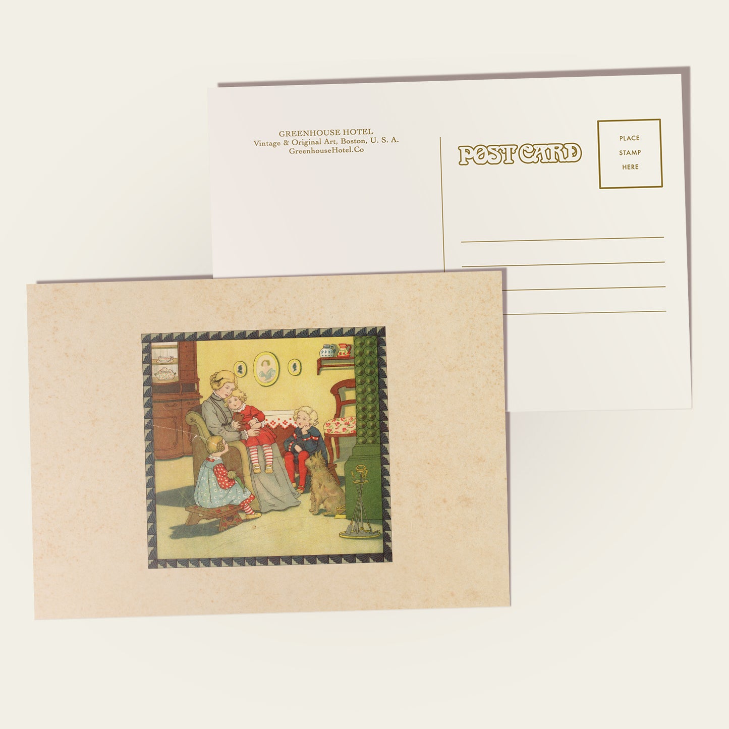 Vintage-style postcard with a family scene and envelope on a white background