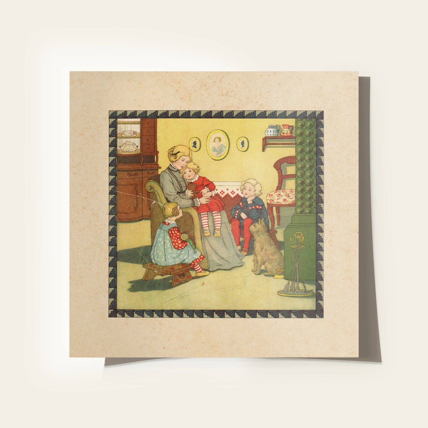 Vintage-style illustration of a family scene with children and a dog on a beige background