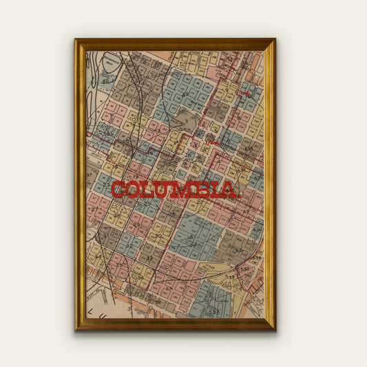 Framed map of Columbia with a gold frame on a white wall