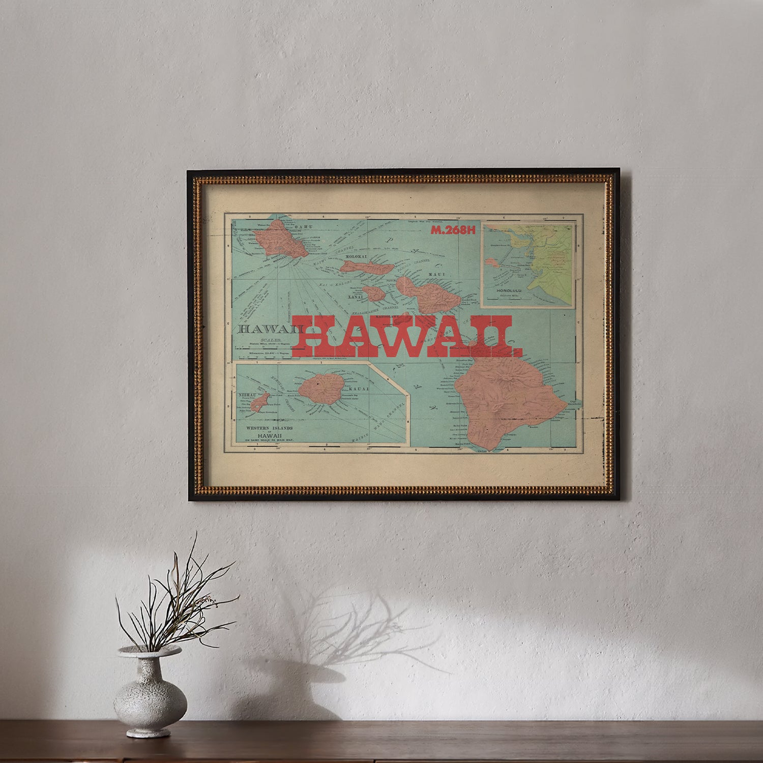 Hawaii Map アート作品 ヴィンテージ風フレーム Hawaii State Map II – Greenhouse Hotel