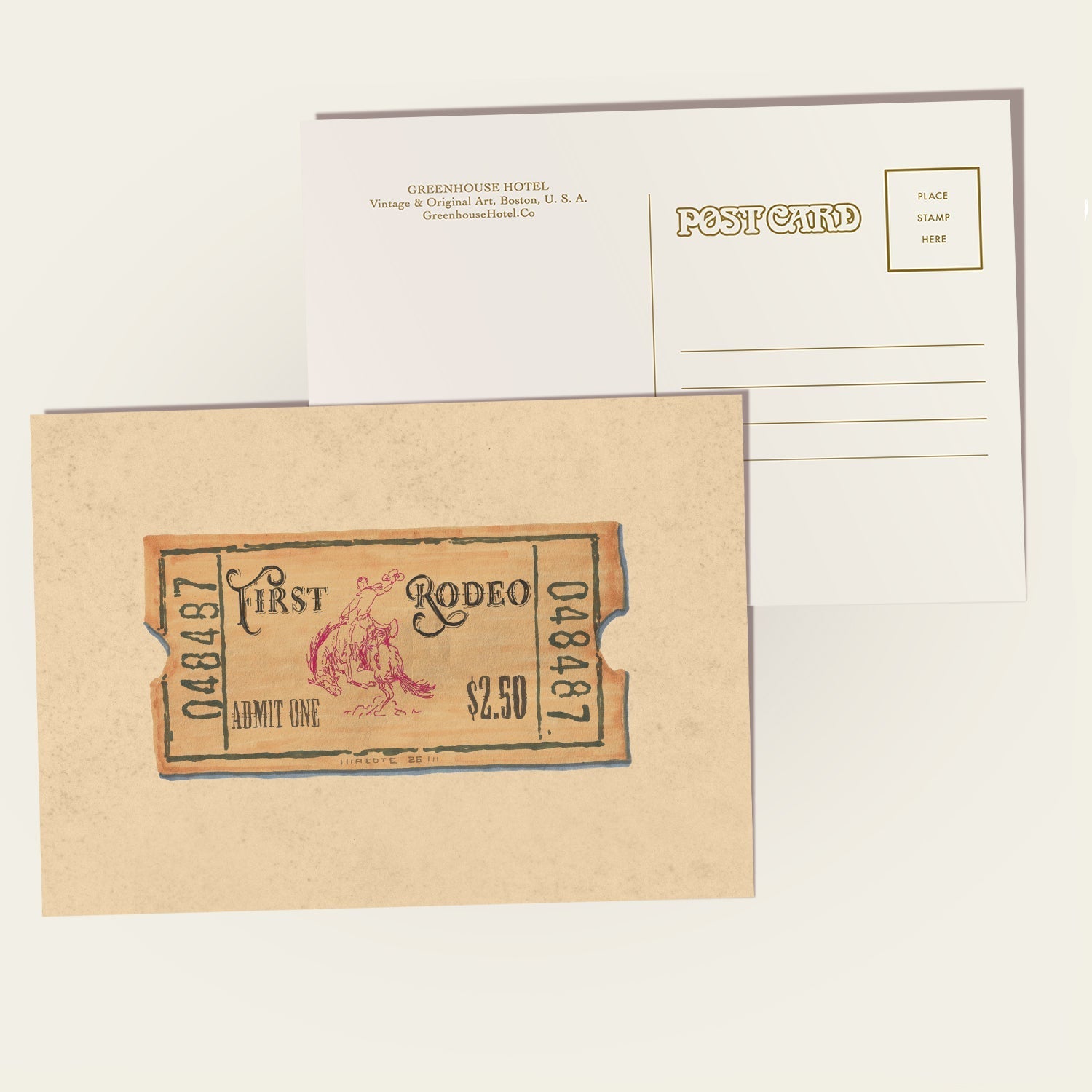 Vintage-style postcard with a rodeo ticket design on a white background