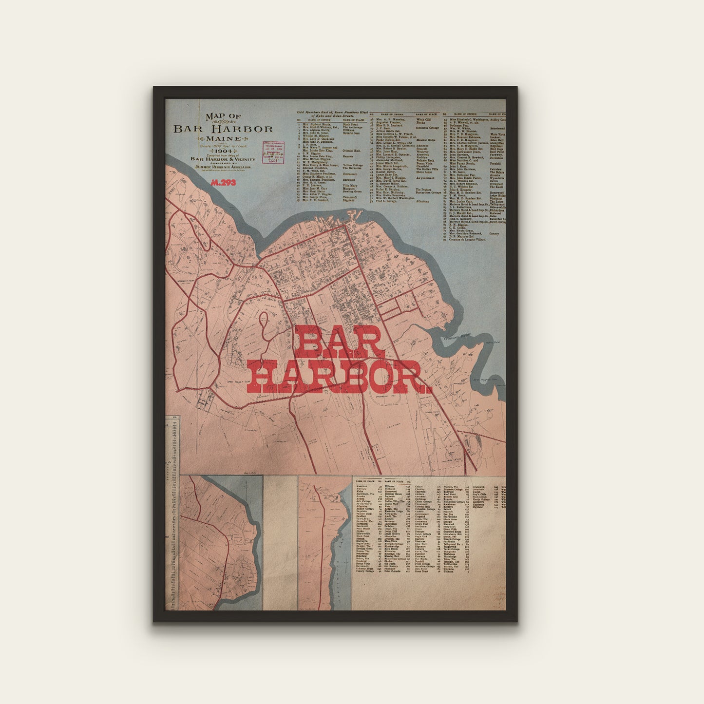 Framed map of Bar Harbor with red text on a light background