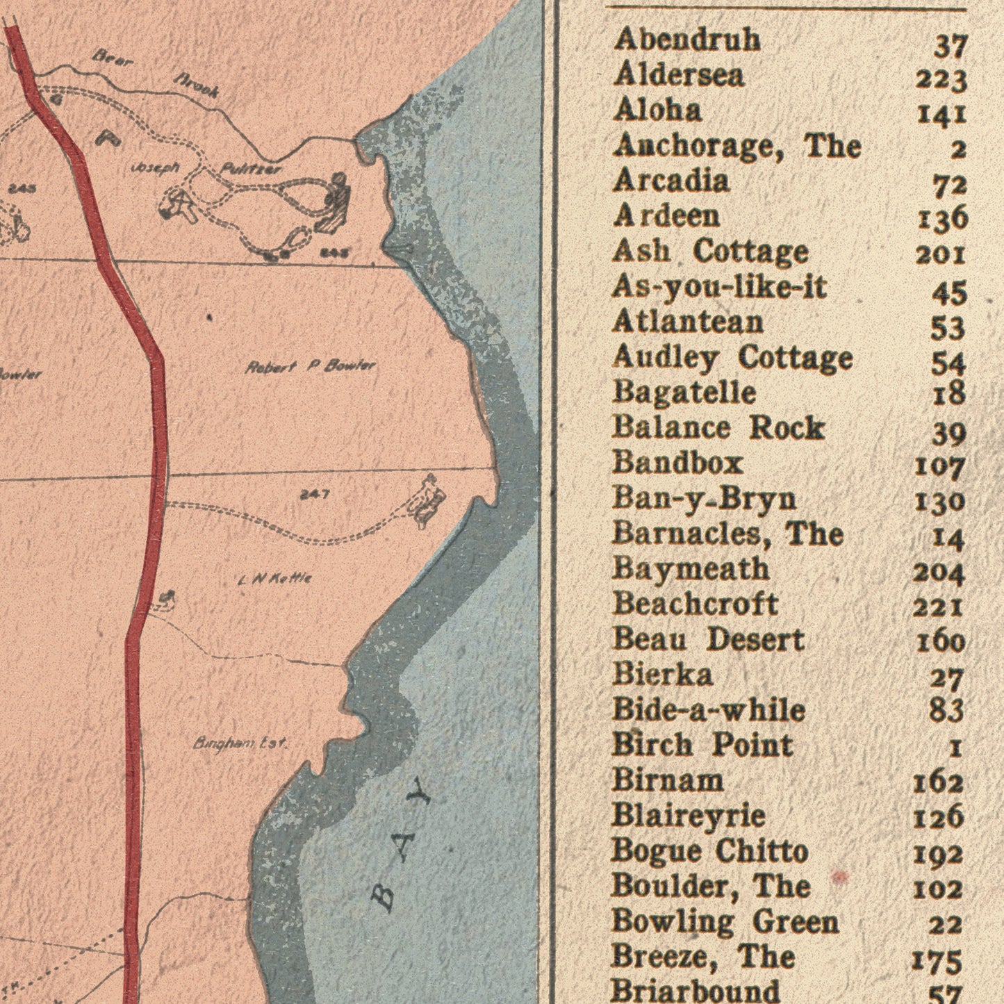 Map with coastal area and list of place names on the right