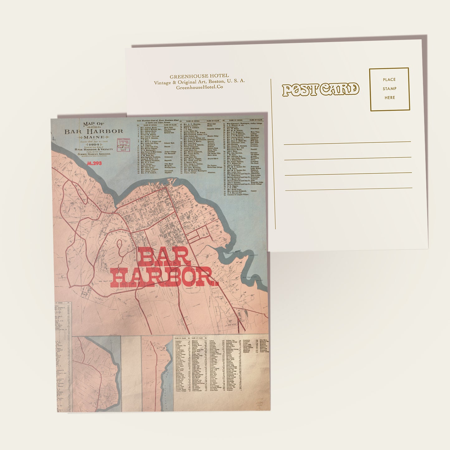 Map postcard of Bar Harbor with a vintage design