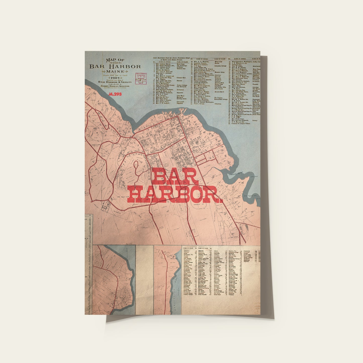 Map of Bar Harbor with red text on a light gray background