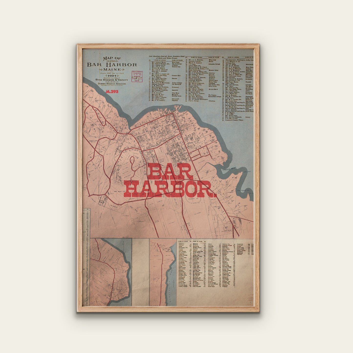 Framed map of Bar Harbor with red text on a light background