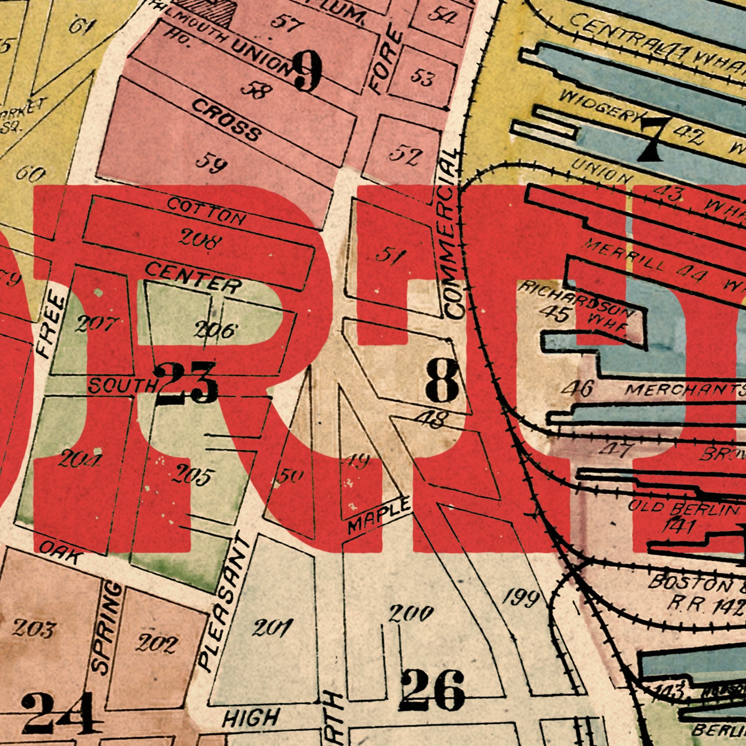 Close-up of a vintage map with red text overlay