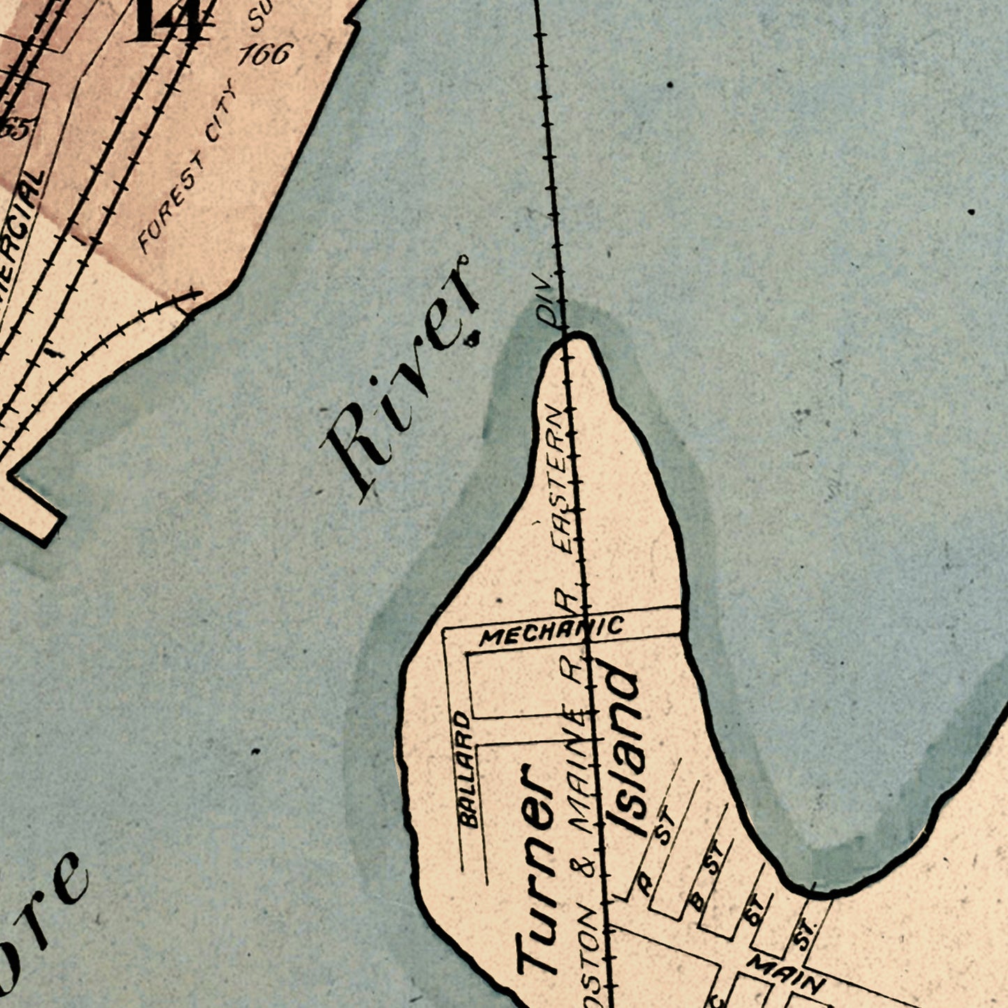 Vintage map section with 'River' and 'Turner Island' labels.