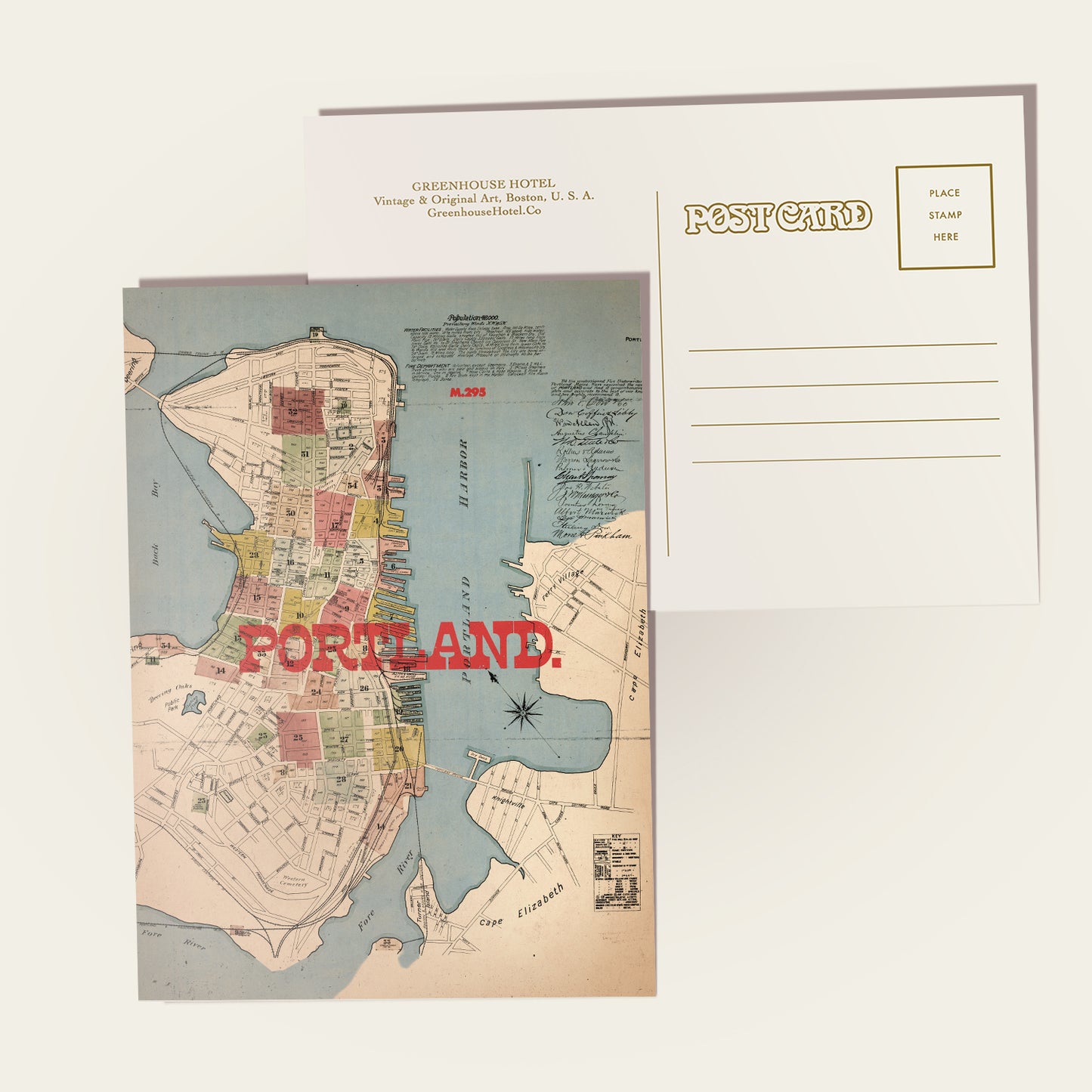 Vintage-style map postcard of Portland on a white background.