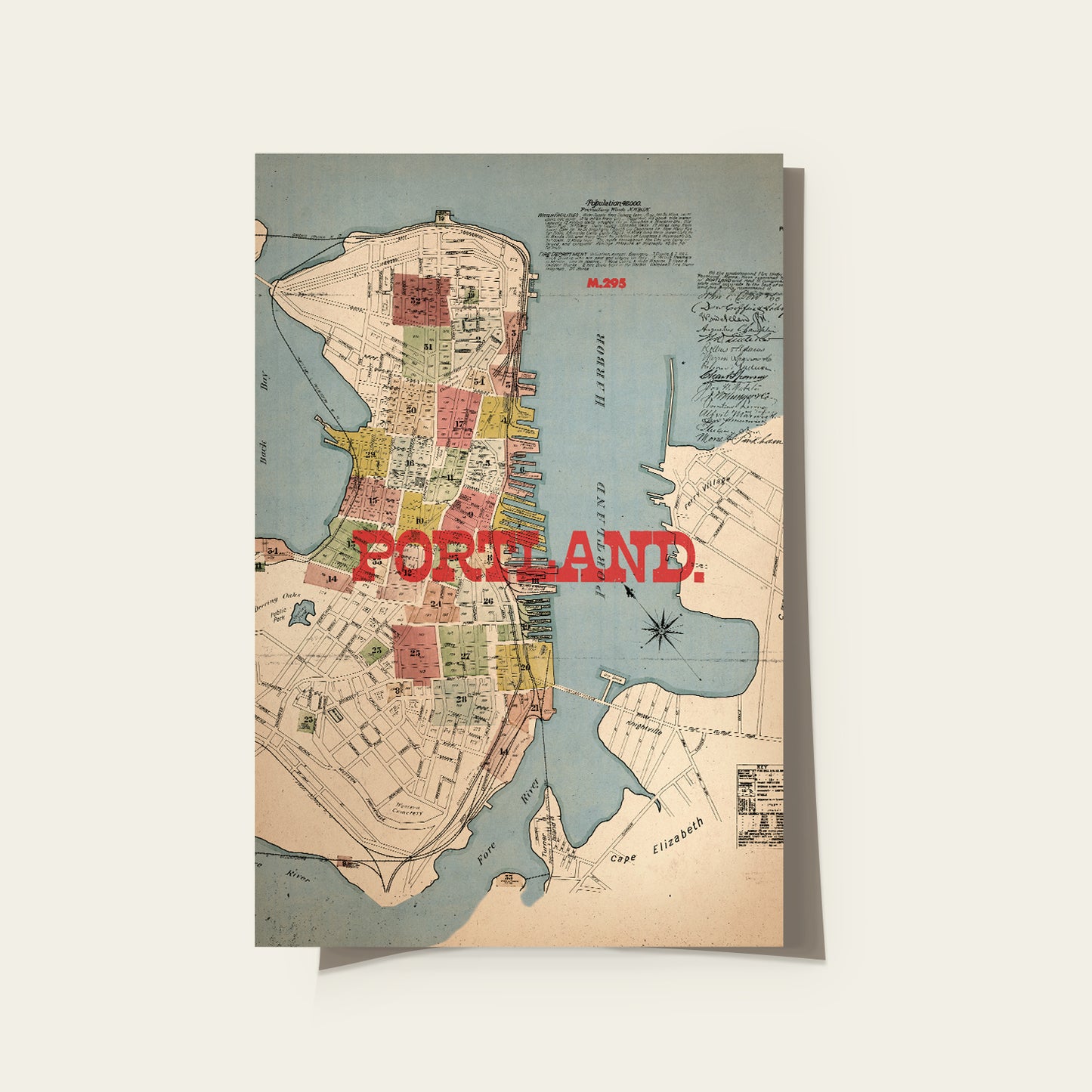 Vintage-style map of Portland with colorful design on a light gray background