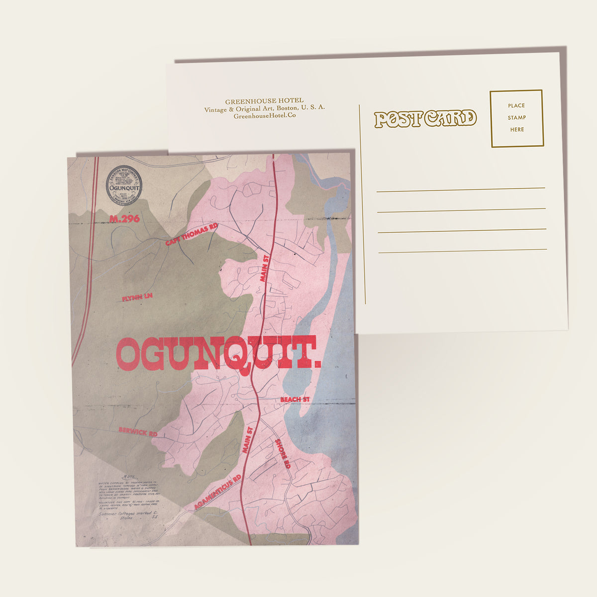 Map postcard of Ogunquit on a white background