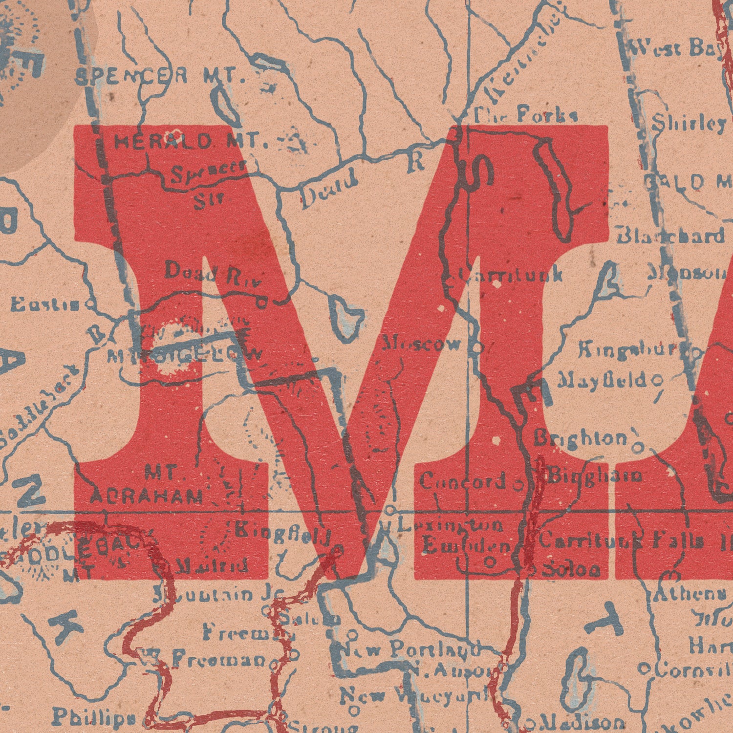 Map with large red letter 'M' overlayed on a vintage-style map background