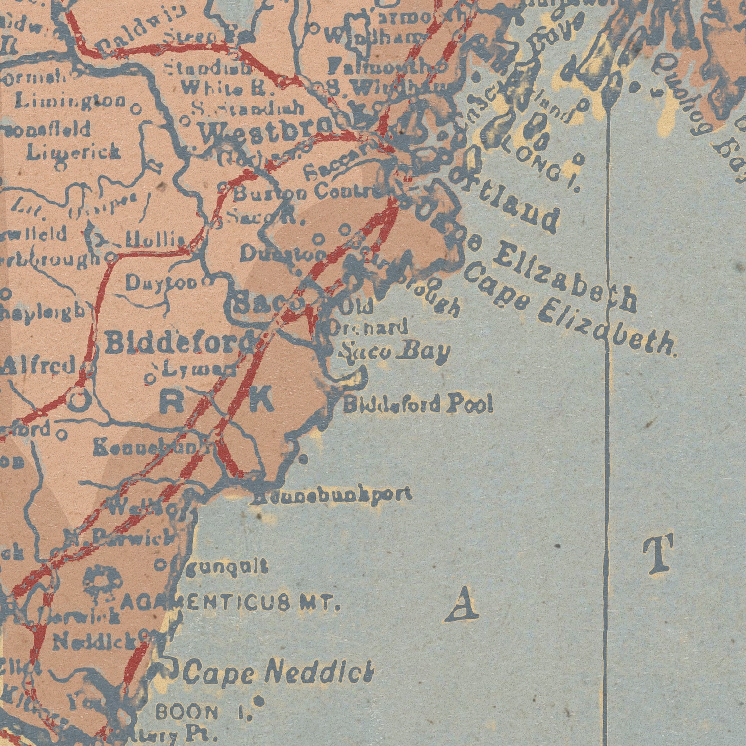 Vintage map of a coastal area with labeled places and routes.