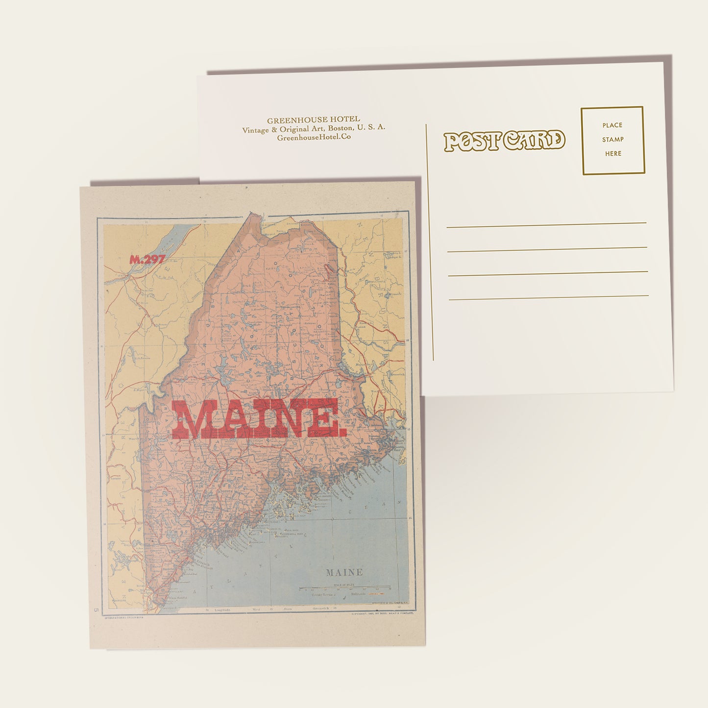Vintage-style postcard with a map of Maine and 'MAINE' text on a white background