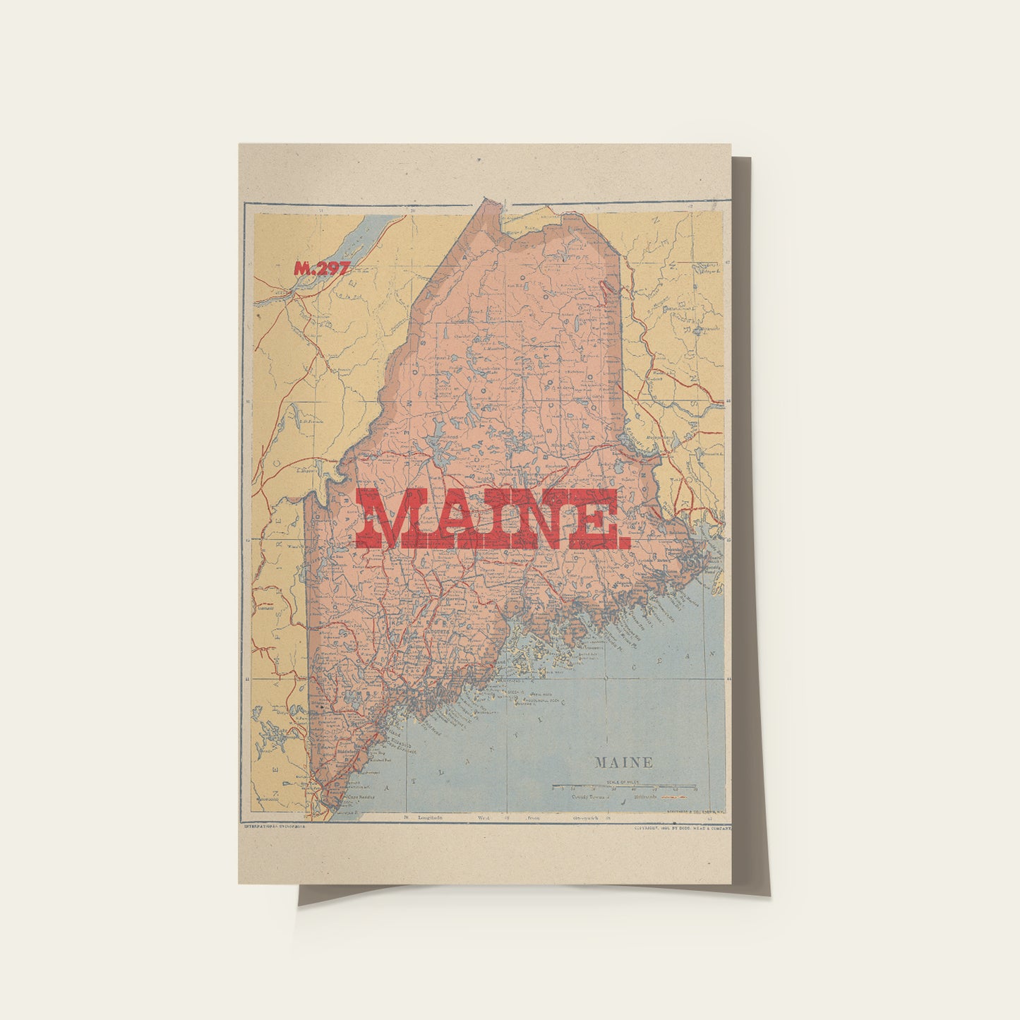 Unframed map of Maine on a beige background