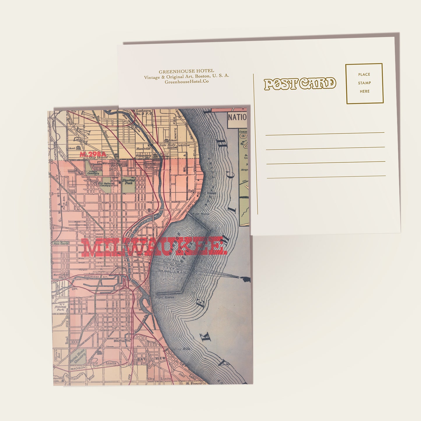 Vintage-style map postcard of a Milwaukee on a white background.