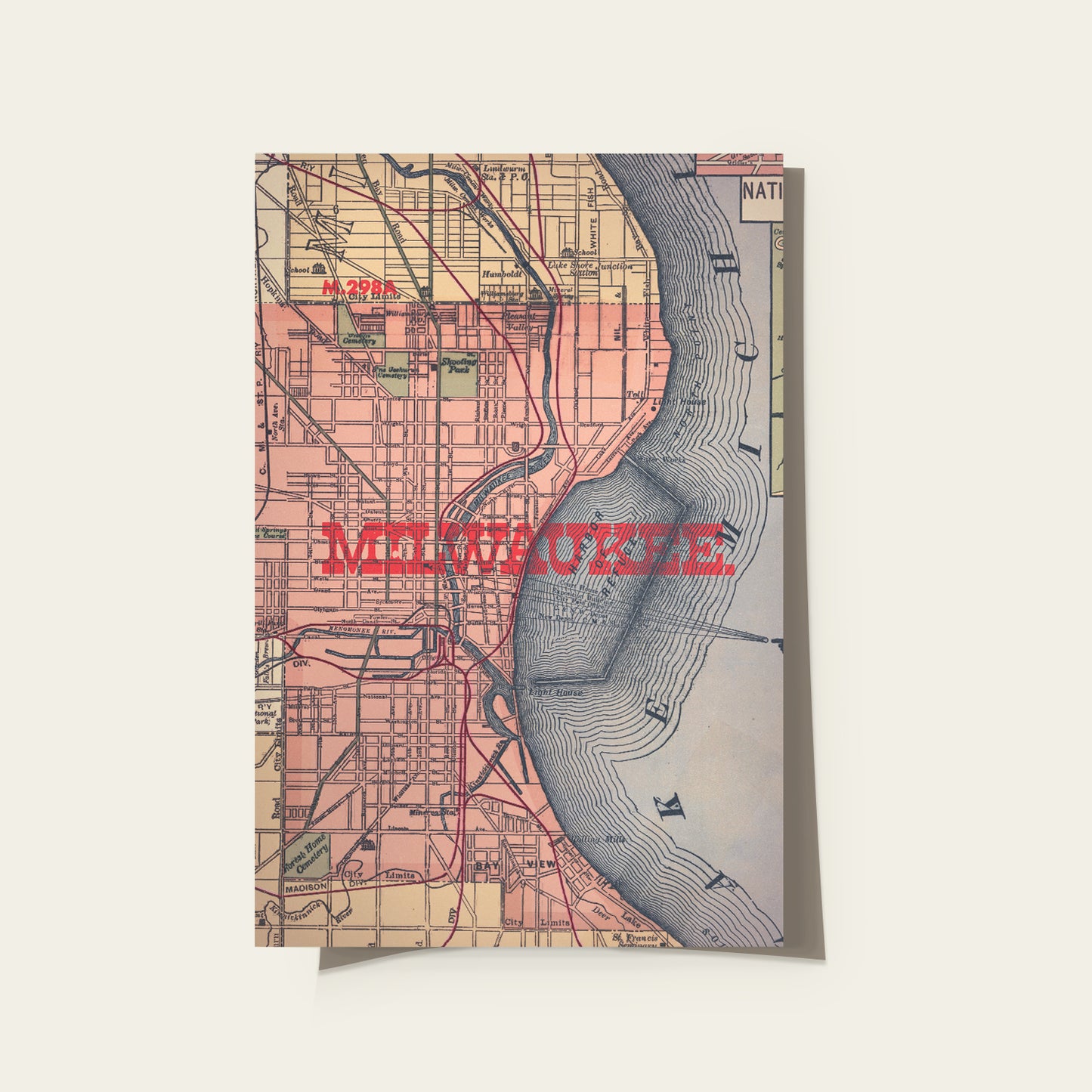 Vintage-style map of Milwaukee on a white background