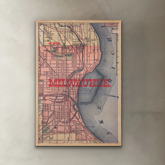 Framed vintage map of Milwaukee on a gray wall