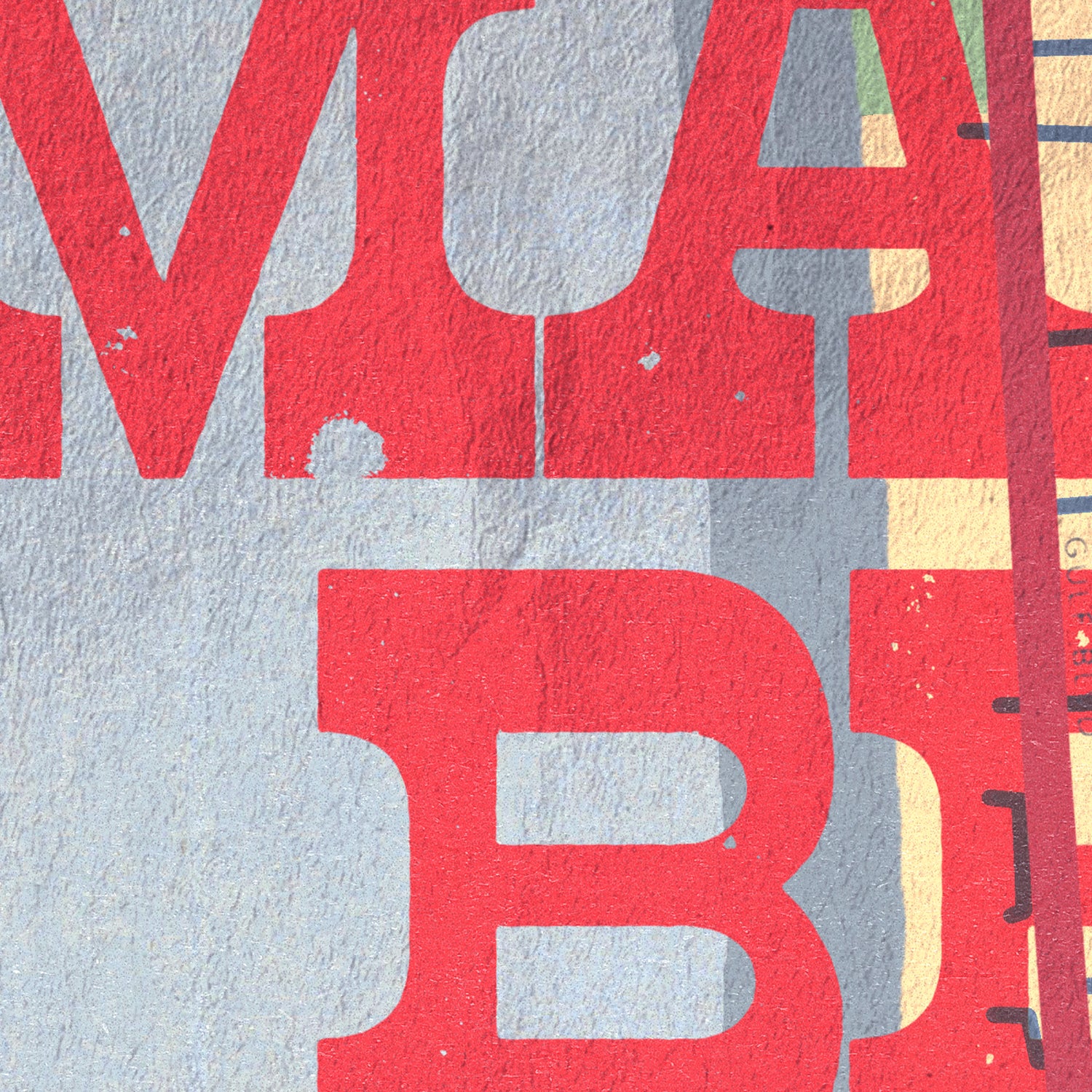 Red letters on a textured gray background