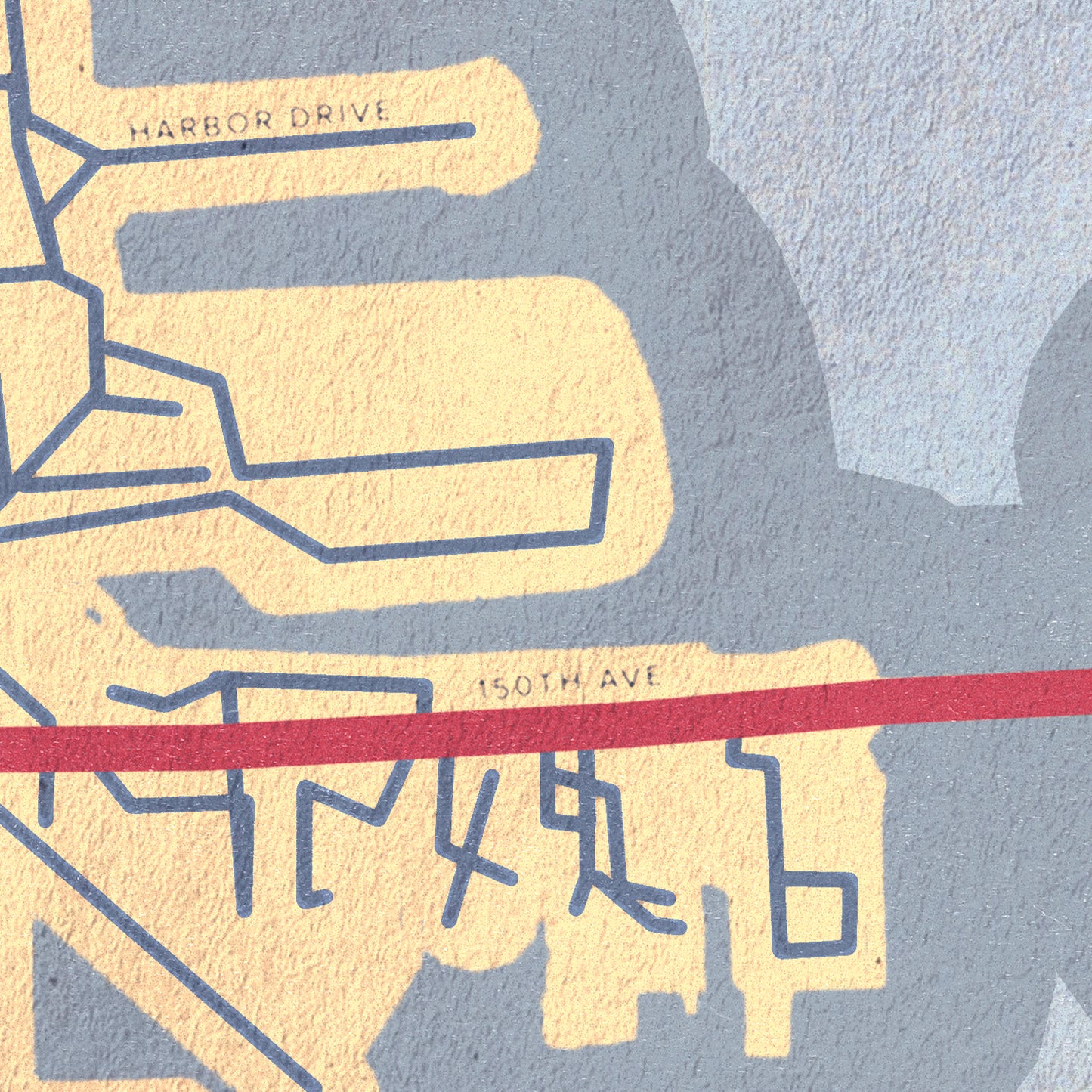 Map with 'Harbor Drive' and '150th Ave' labeled on a light blue background