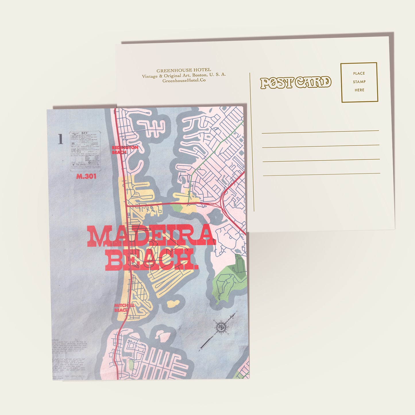 Map postcard of Madeira Beach with a visible brand name on a white background