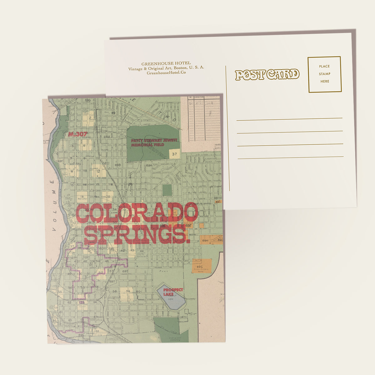 A vintage-style postcard featuring a map of Colorado Springs with large red 'COLORADO SPRINGS' text, shown alongside the back of a postcard with stamp box and writing lines on a light beige background.