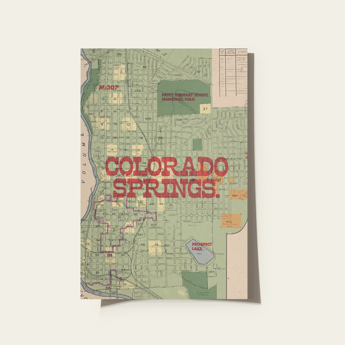 A vintage-style map poster of Colorado Springs, Colorado, featuring a muted green street grid with bold red text reading 'COLORADO SPRINGS' across the center, shown against a light beige background.