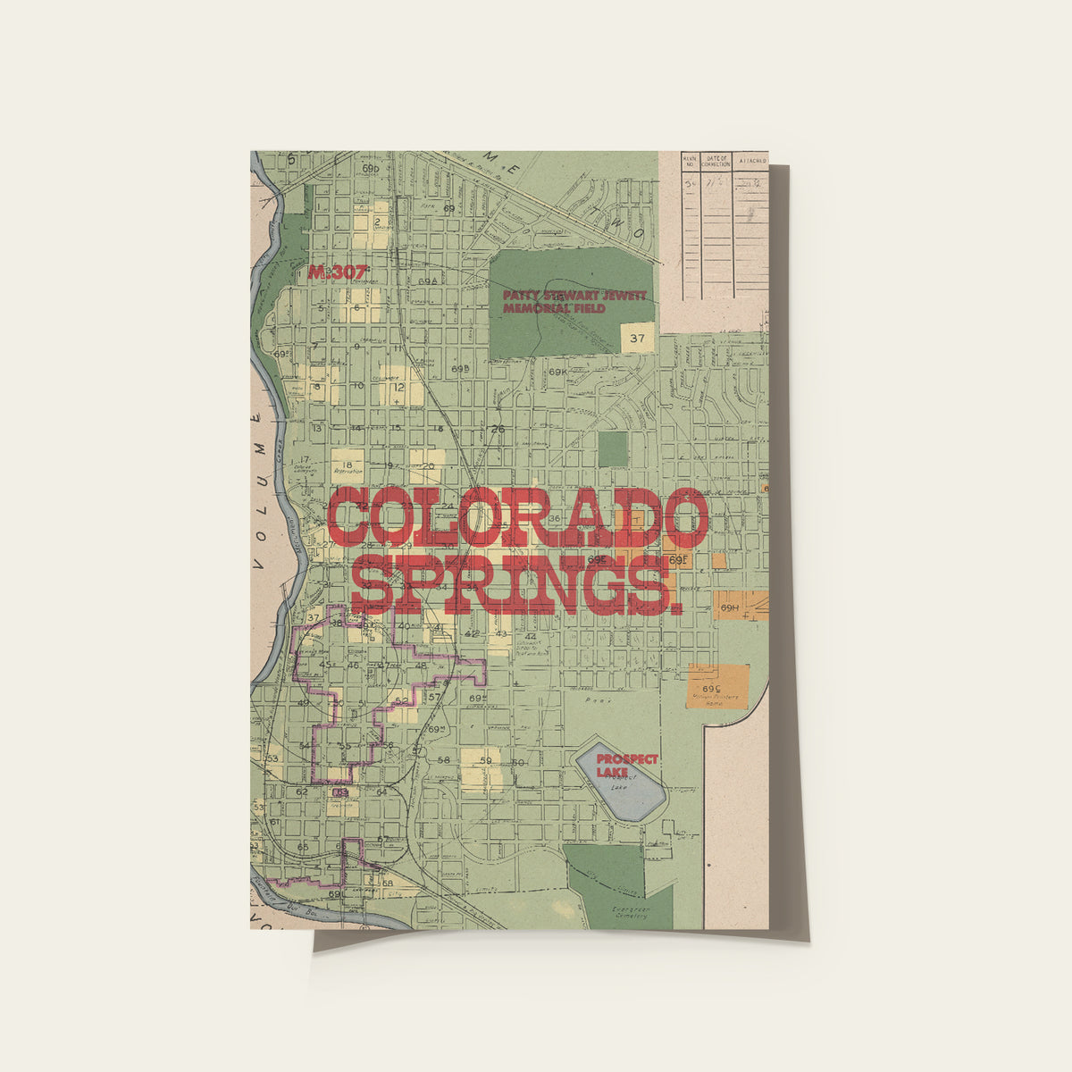 A vintage-style map poster of Colorado Springs, Colorado, featuring a muted green street grid with bold red text reading 'COLORADO SPRINGS' across the center, shown against a light beige background.