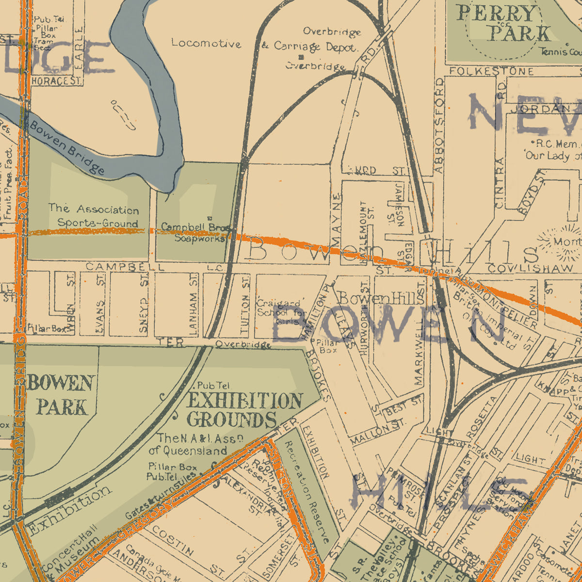Vintage-style map print showing Bowen Hills and surrounding streets, parks, and landmarks with hand-drawn orange route lines and faded blue text overlays.